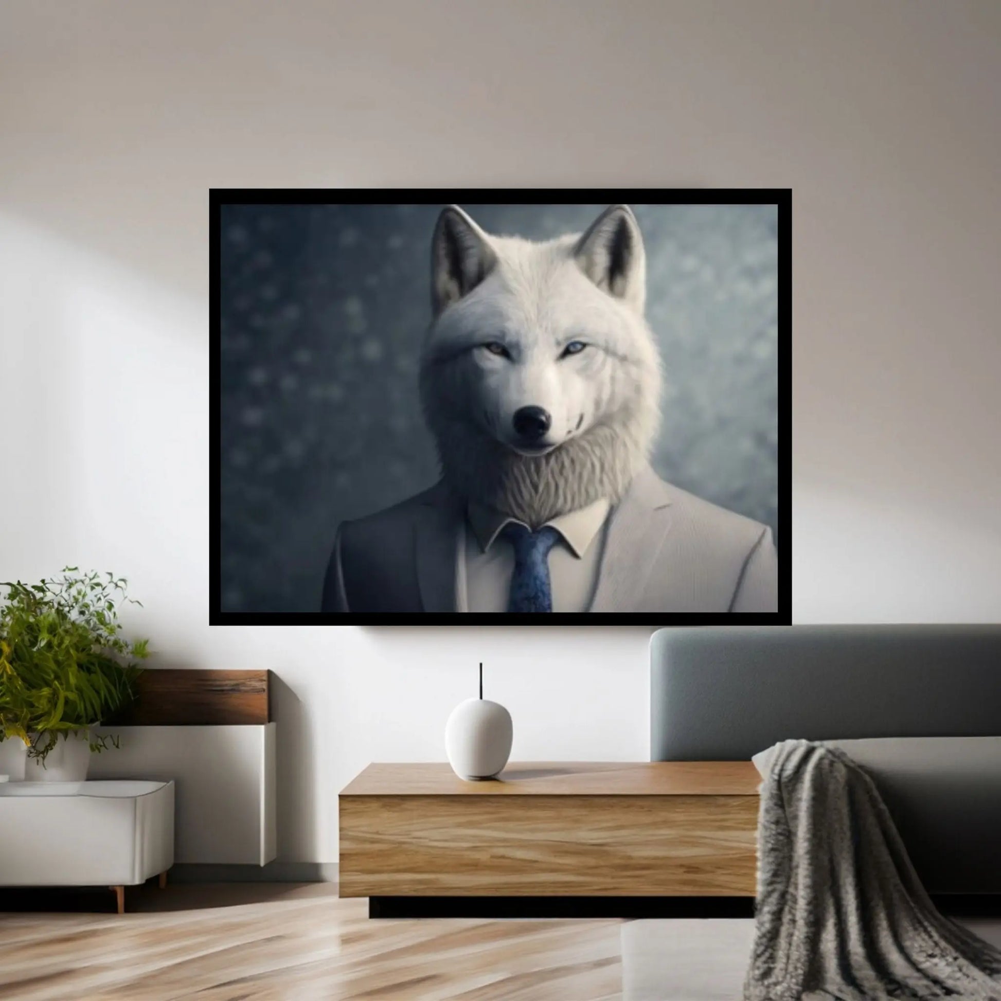 Wolf Canvas Wall Art - Portrait of a white wolf dressed in a formal business suit - Y Canvas