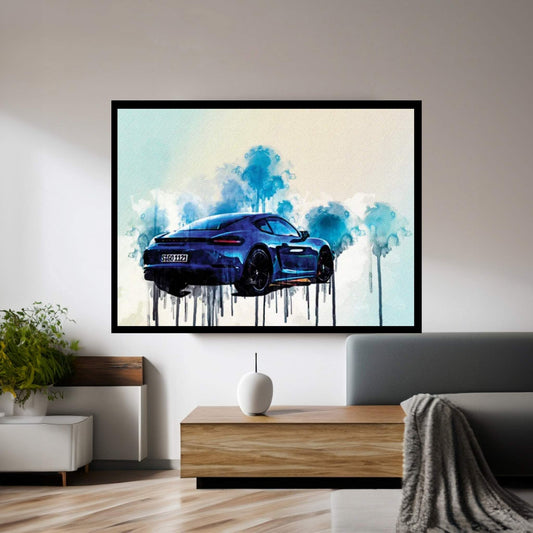 Porsche 718 Cayman Gts 2019 Rear View New Blue 718 Cayman Sports German Sports Cars Canvas Wall Art - Y Canvas