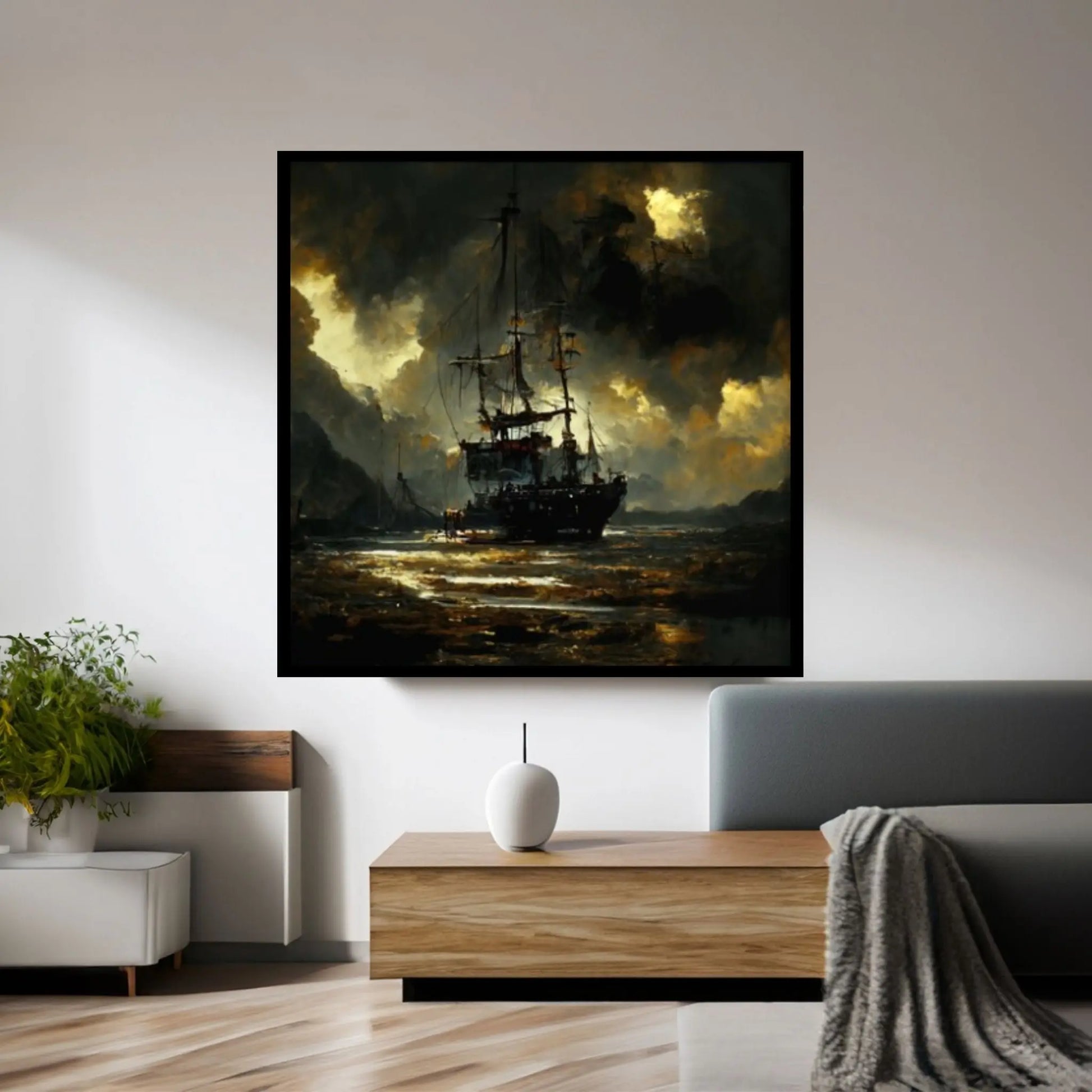 Large Dark Sea Pirates Ship Canvas Wall Art, Pirates Canvas Wall Print, Corsair on Sea Wall Hangings, Dark Colours Boat Room Decor - Y Canvas