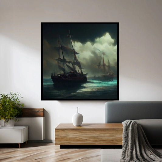 Large Dark Sea Pirates Ship Canvas Wall Art, Pirates Canvas Wall Print, Corsair on Sea Wall Hangings, Dark Colours Boat Room Decor - Y Canvas