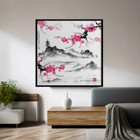 Japanese Landscape with sakura branches, Vector illustration. Hieroglyph Canvas Wall Art - Y Canvas