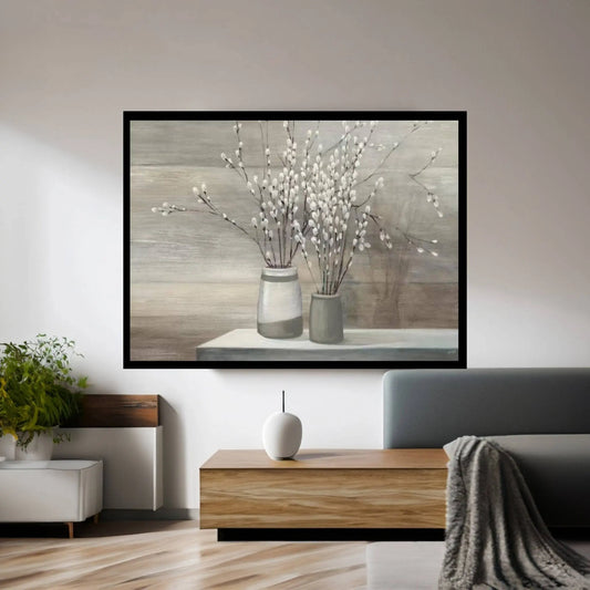 Pussy Willow Still Life Gray Pots Canvas Wall Art - Y Canvas