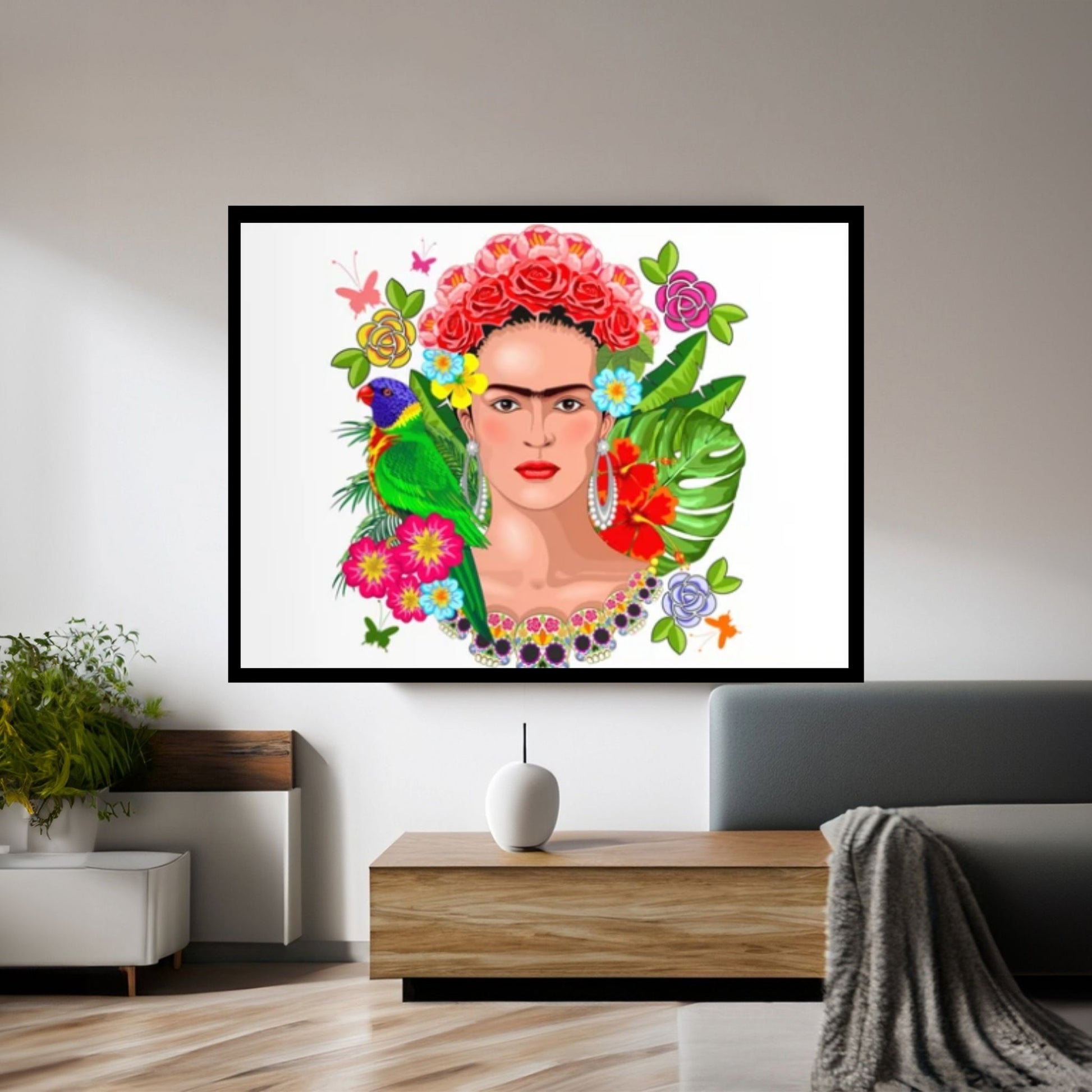 Frida Kahlo Art Canvas Wall Art, Holding a Cup of Tea & Cigarette Decoration - Y Canvas