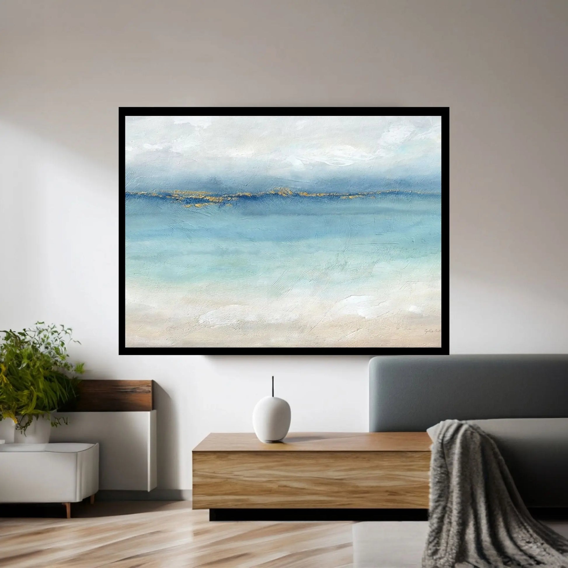 Serene Sea Grey Gold Landscape Canvas Wall Art - Y Canvas