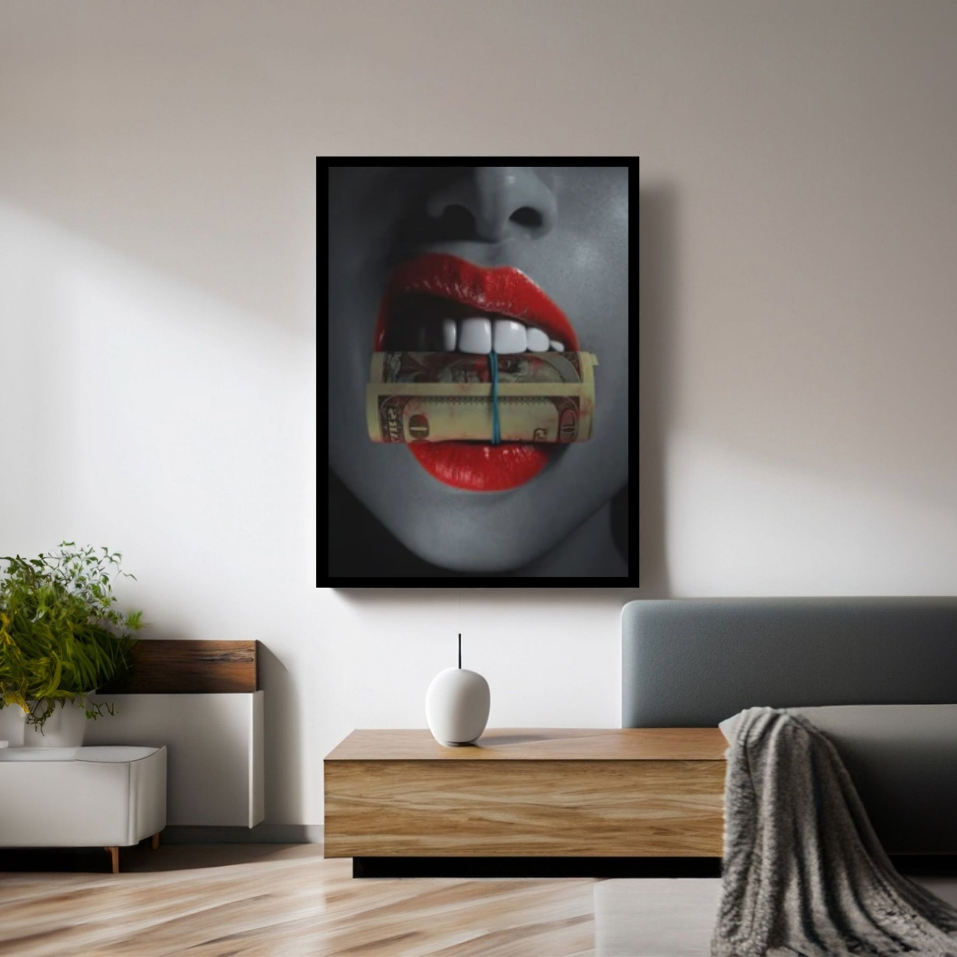 Red Lips Canvas Wall Art, Smoking Woman Room Decor, Money Cigar Between Lips Wall Hangings - Y Canvas