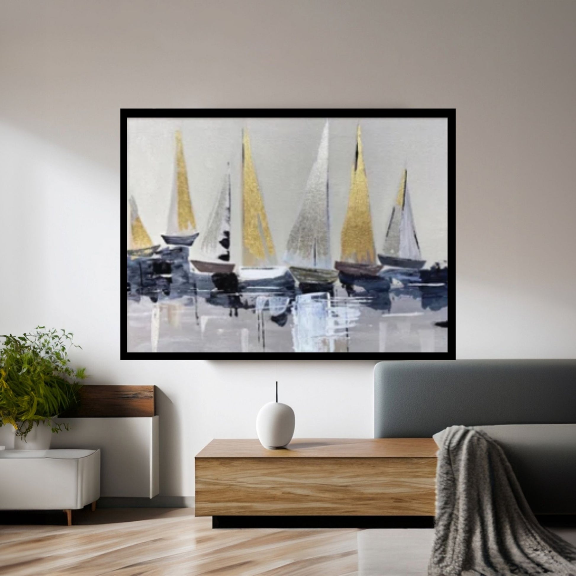 Original Sailboats Gather in The Harbor Landscape To Canvas Wall Art ,Nautical oil painting art on Canvas, Large Sailboat abstract painting - Y Canvas