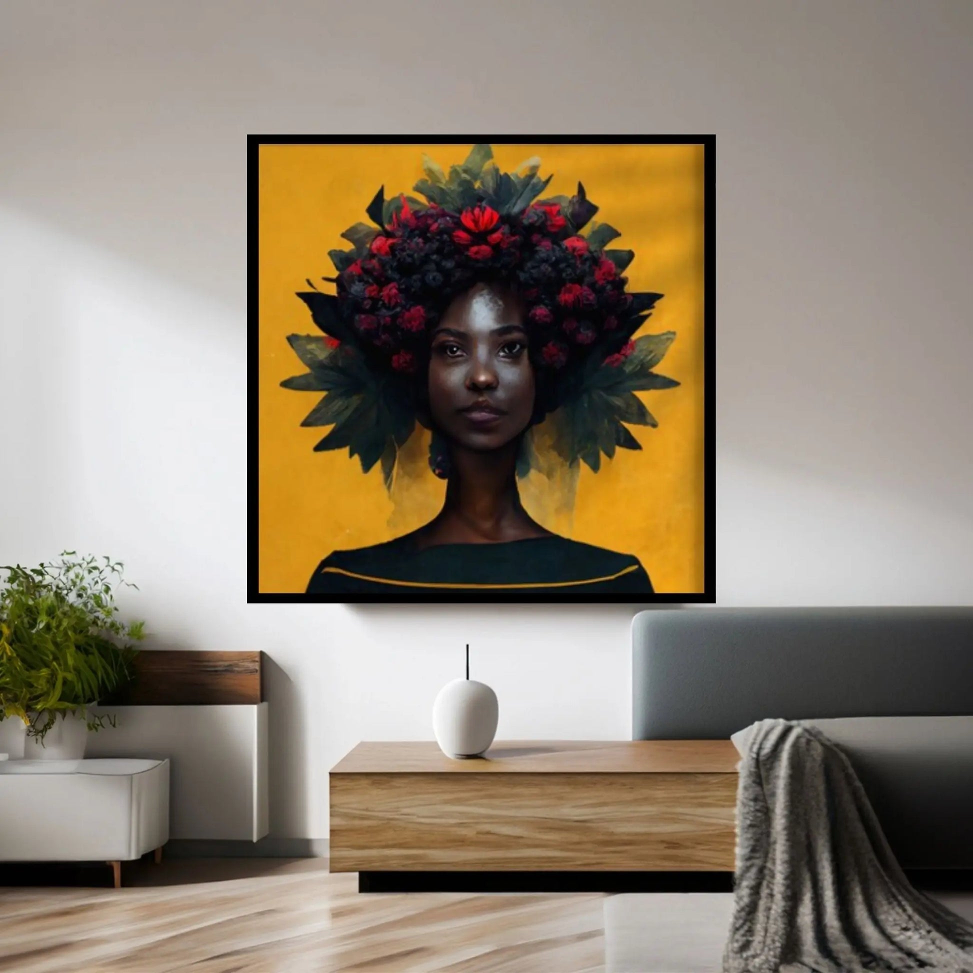 Black woman head flowers Canvas wall art,Black art, Black girl print, flower woman painting, Girl Flowers Poster - Y Canvas