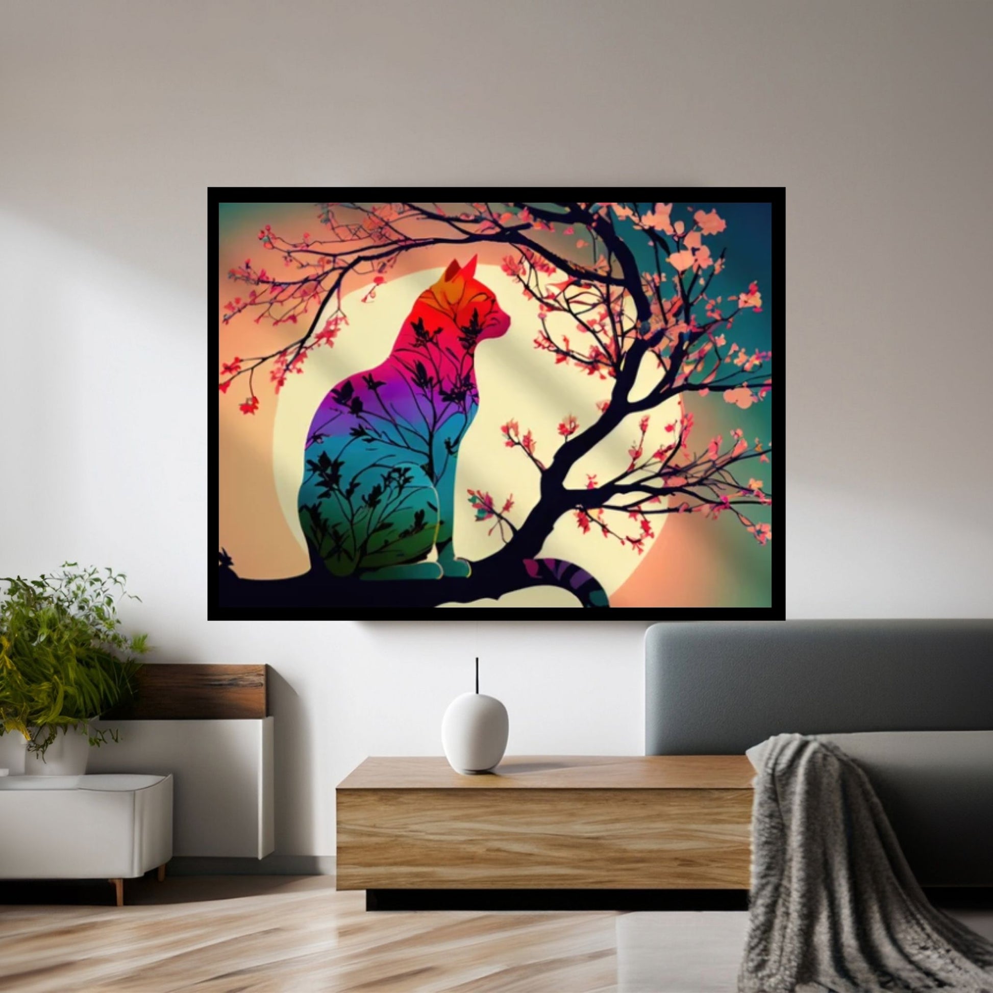 Cat Animal Canvas - Rainbow Cat- Japanese Cherry Tree - Picasso Style - Y Canvas