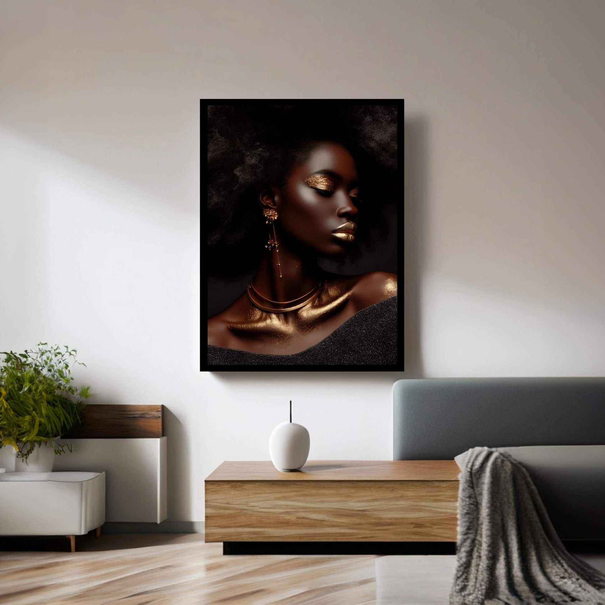 African Black Woman Gold Make-up Canvas Portrait Canvas Wall Art - Y Canvas