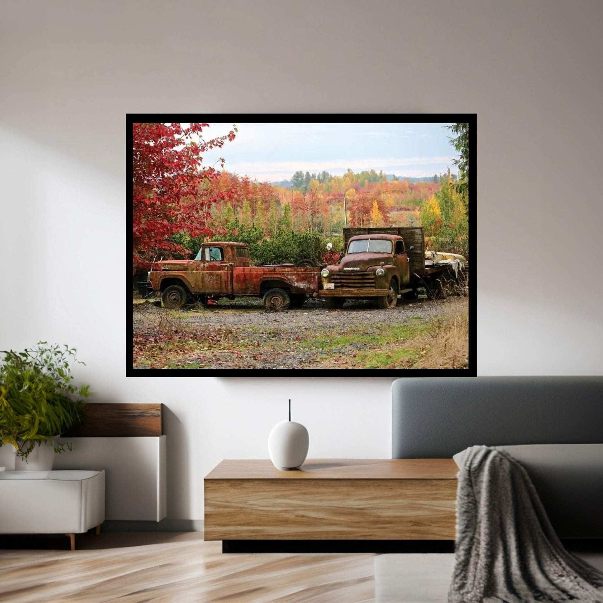 Two Autumn Vintage Trucks Canvas Wall Art - Y Canvas