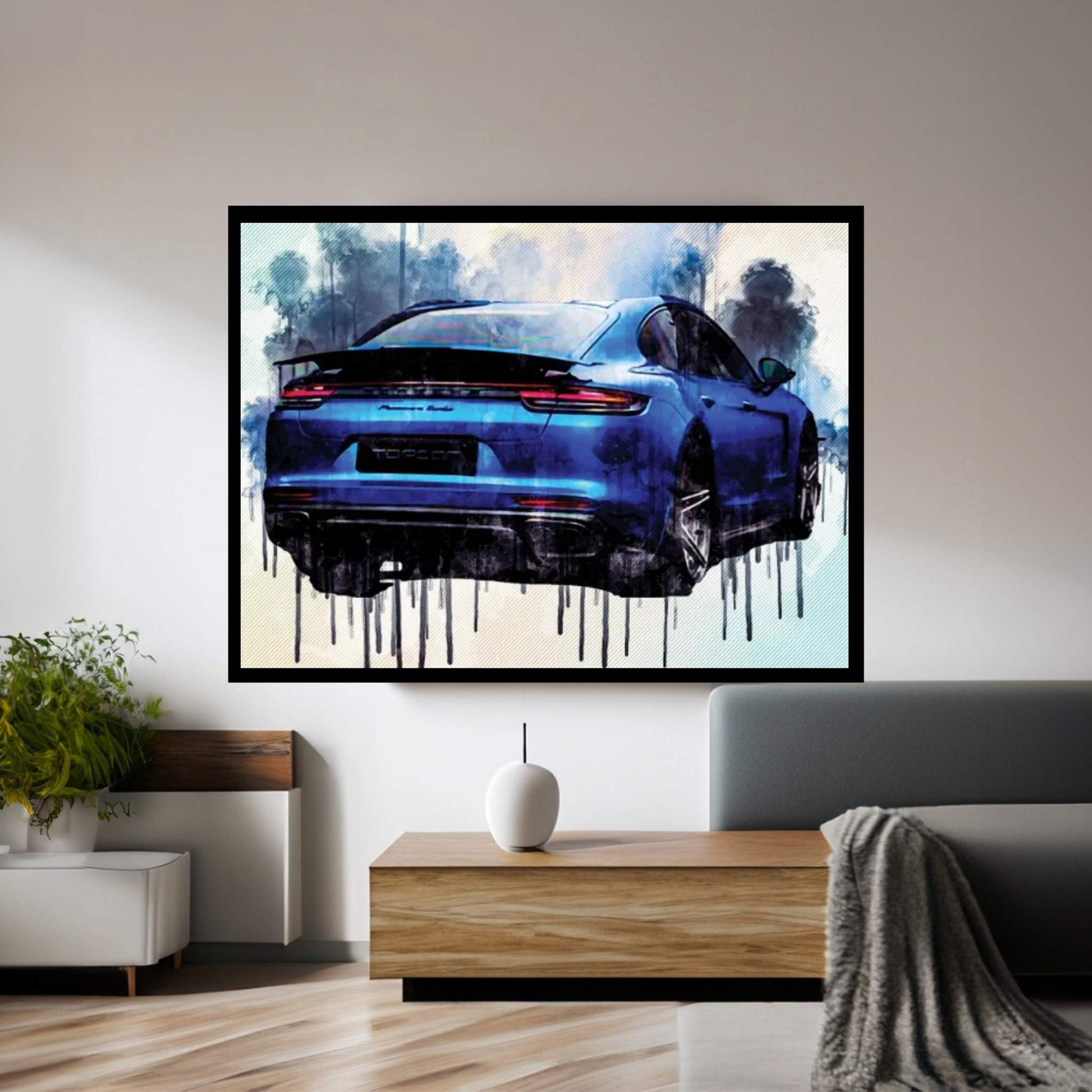 Porsche Panamera Turbo 2018 Exterior Rear View Blue Matte Panamera Sports Canvas Wall Art - Y Canvas