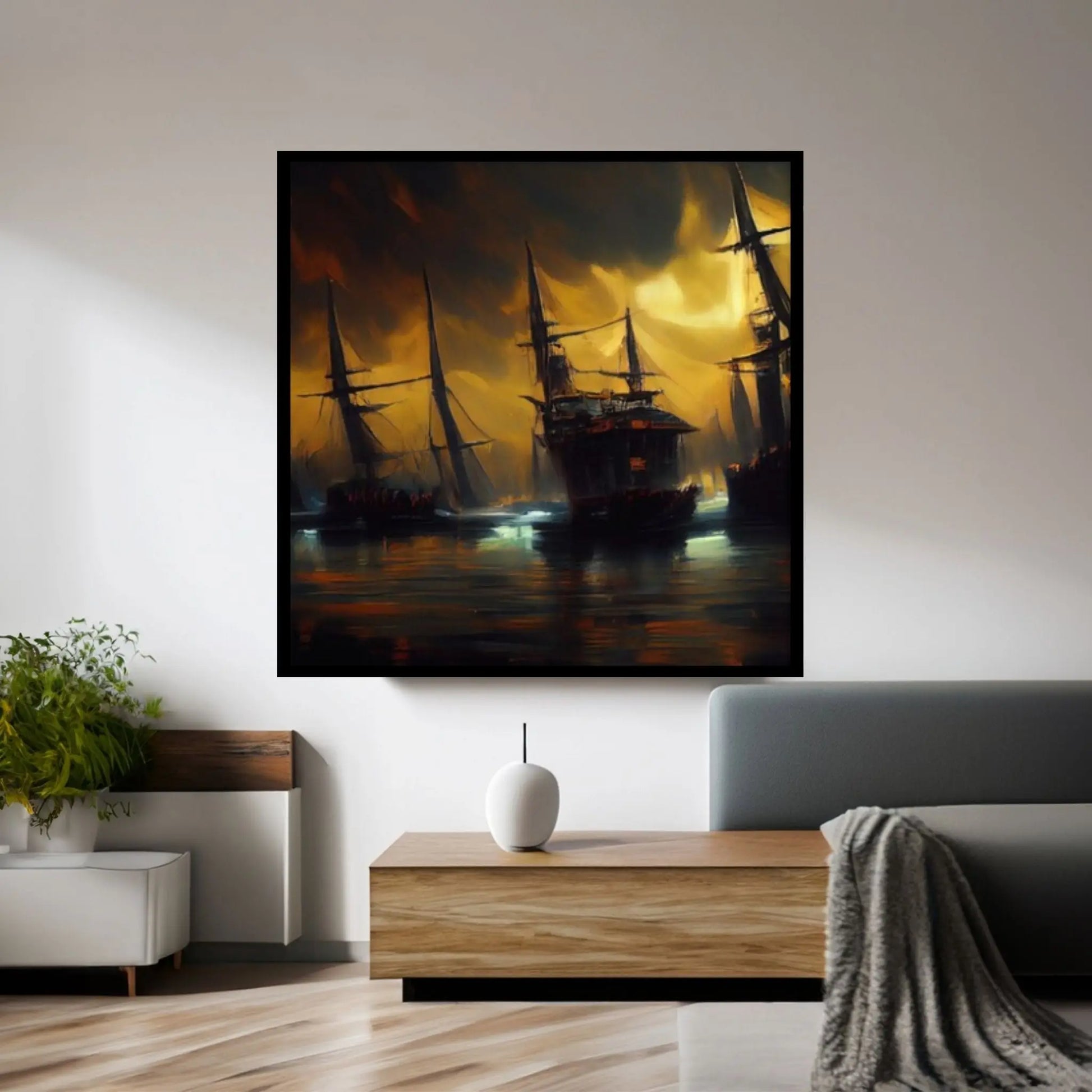 Large Dark Sea Pirates Ship Canvas Wall Art, Pirates Canvas Wall Print, Corsair on Sea Wall Hangings, Dark Colours Boat Room Decor - Y Canvas