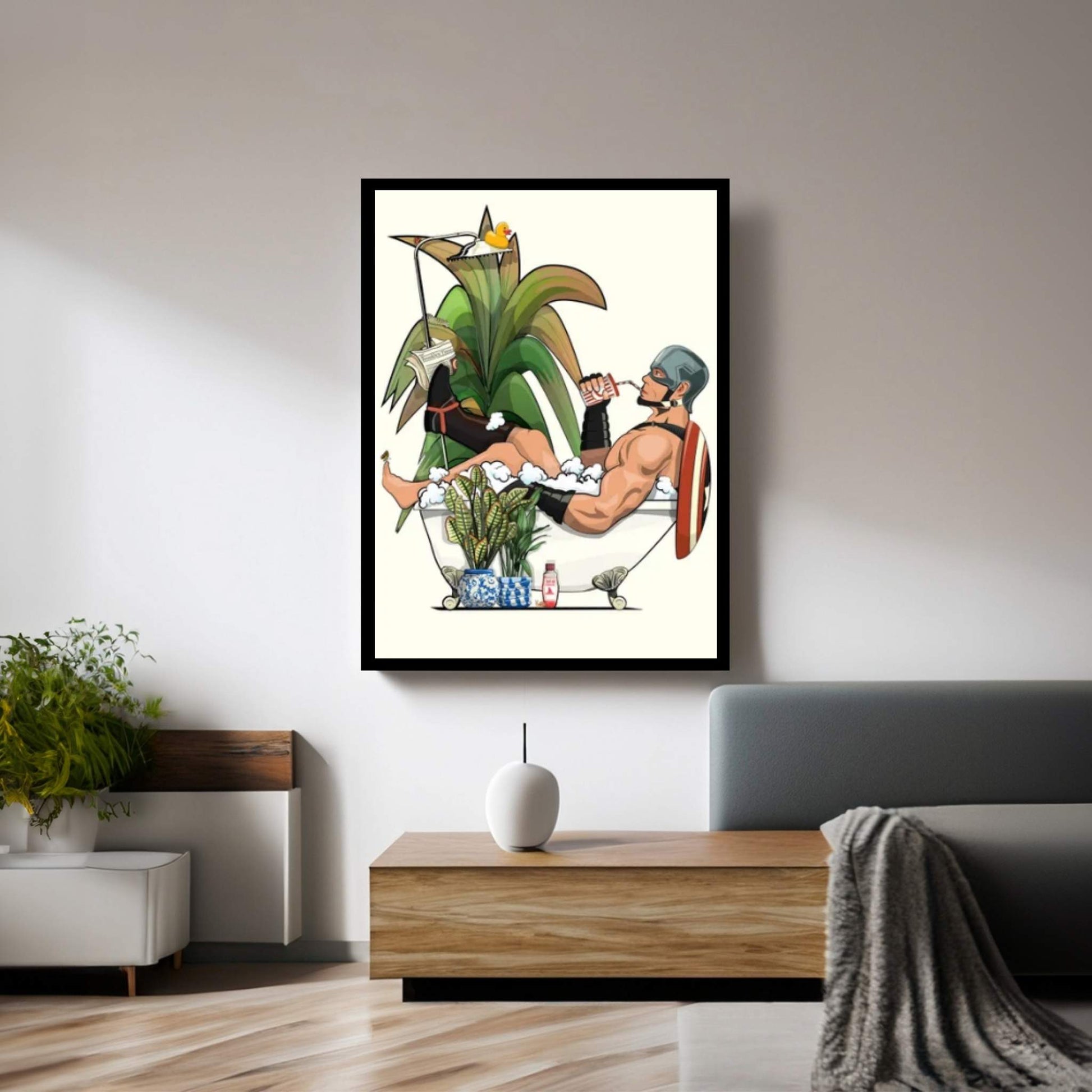 Captain American In The Bath Canvas Wall Art - Y Canvas