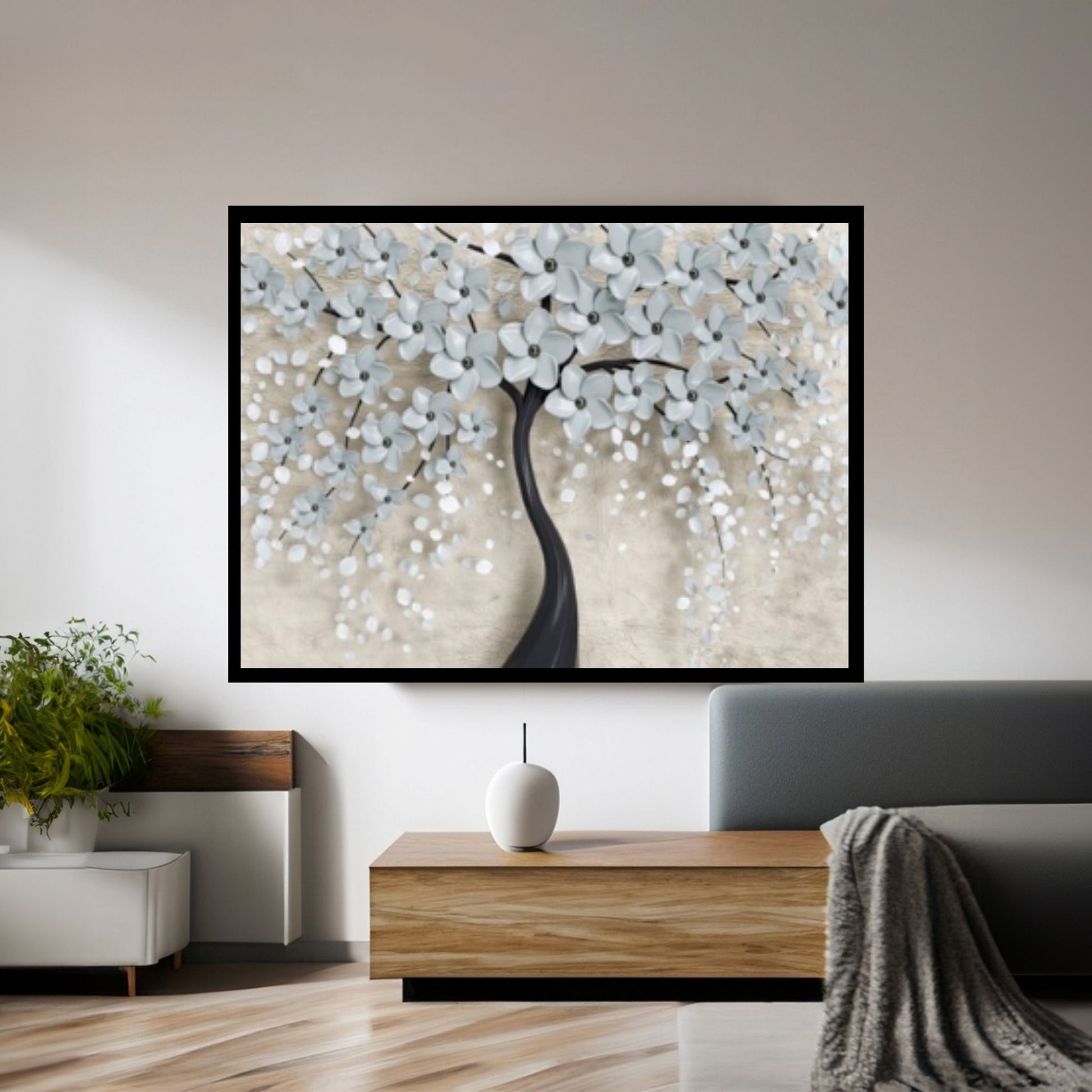 3D Tree With White Flowers Oil Painting On Canvas, White Cherry Flower, Large Wall Art, Palette Knife Painting - Y Canvas