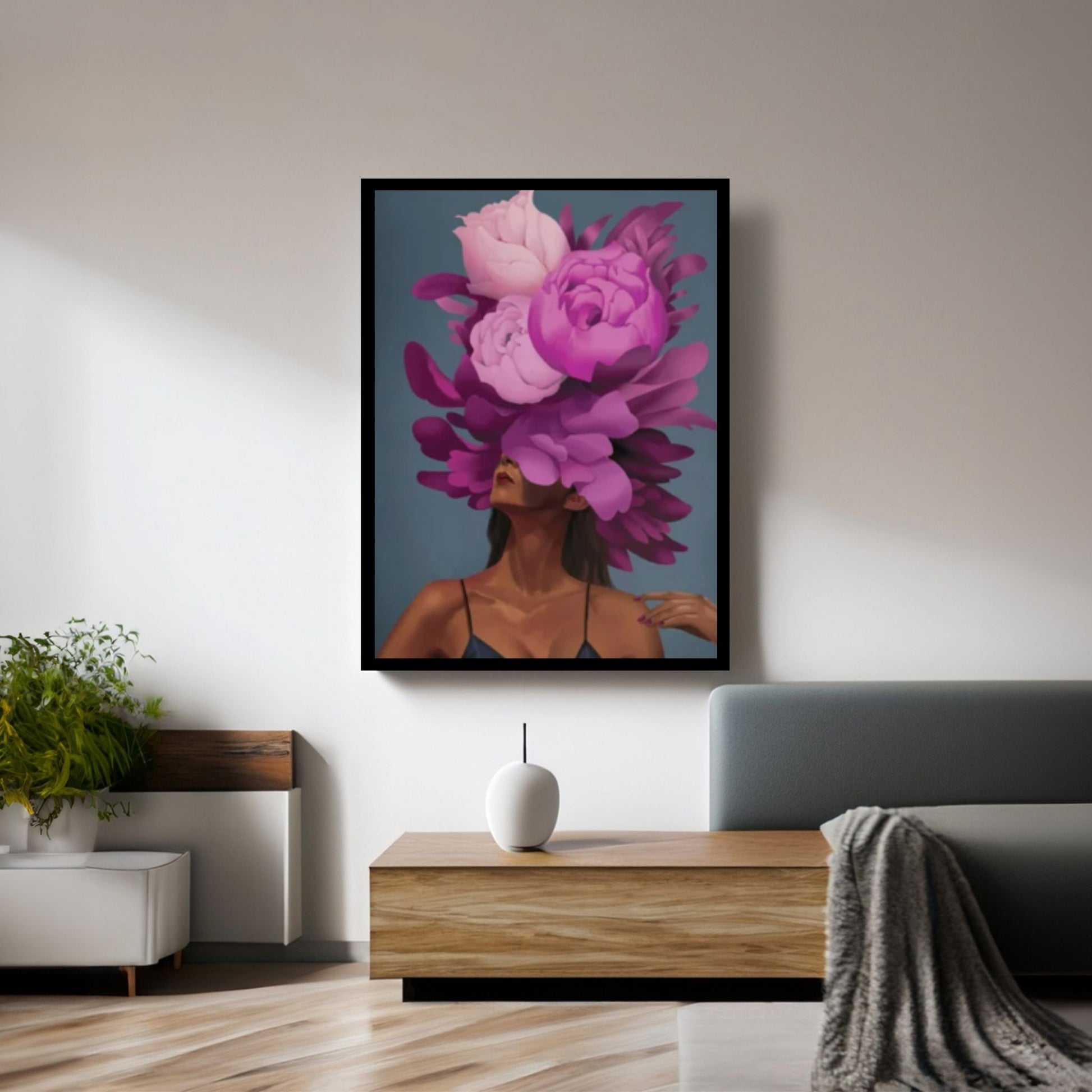 Purple Floral Woman Canvas Art, Blue Bird And Woman Wall Art, Woman with Flower and Bird Head - Y Canvas