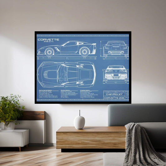 Corvette (C7) Z06 Blueprint Canvas Wall Art - Y Canvas