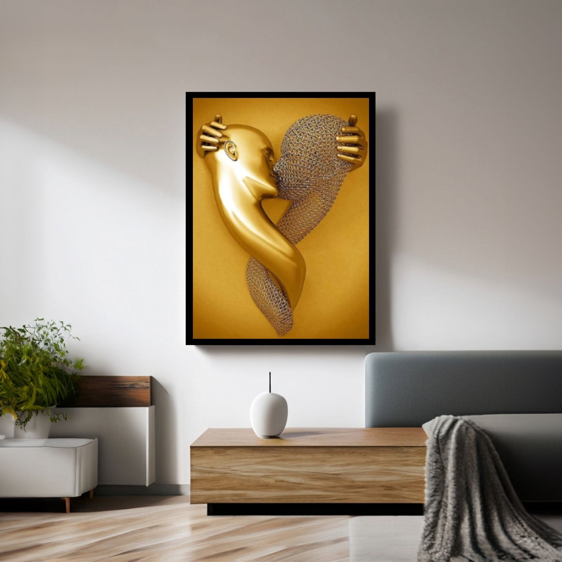 Couple Kissing Canvas Wall Art Gold Modern Stunning Wall Decor, Love heart Wall Art - Y Canvas