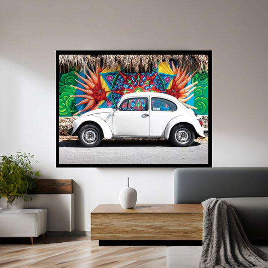 White VW Beetle Car In Cancun Canvas Wall Art - Y Canvas