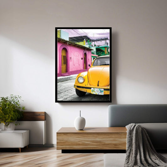 Yellow VW Beetle Car Canvas Wall Art - Y Canvas