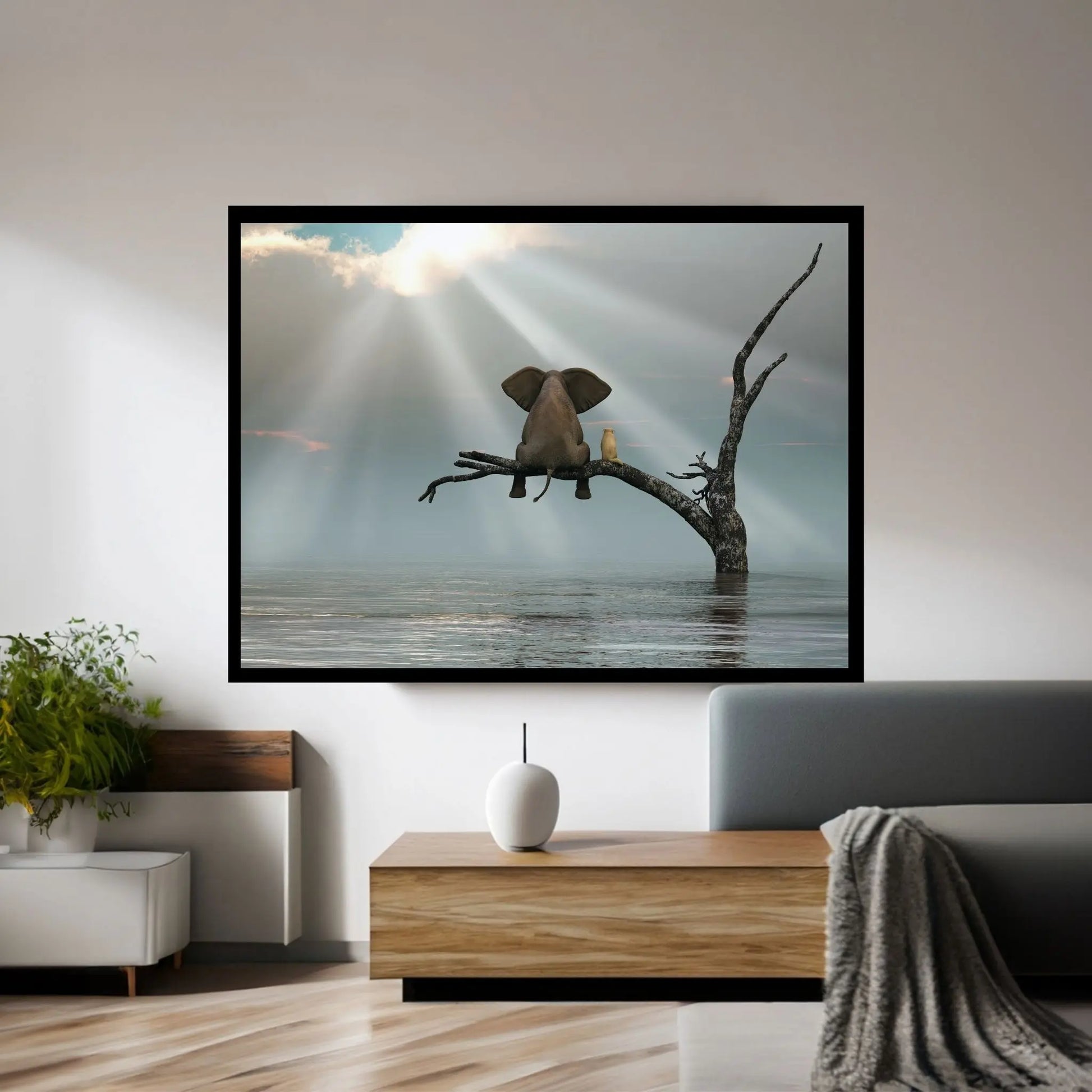 Elephant And Dog Are Sitting On A Tree Fleeing A Flood Canvas Wall Art - Y Canvas