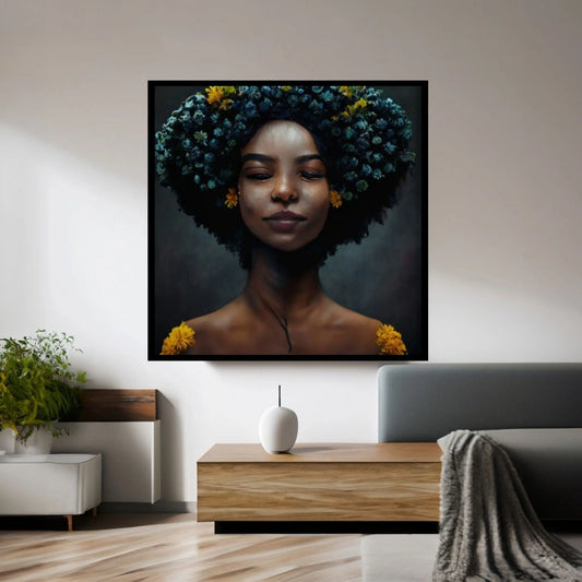 Black woman head flowers Canvas wall art,Black art, Black girl print, flower woman painting, Girl Flowers Poster - Y Canvas