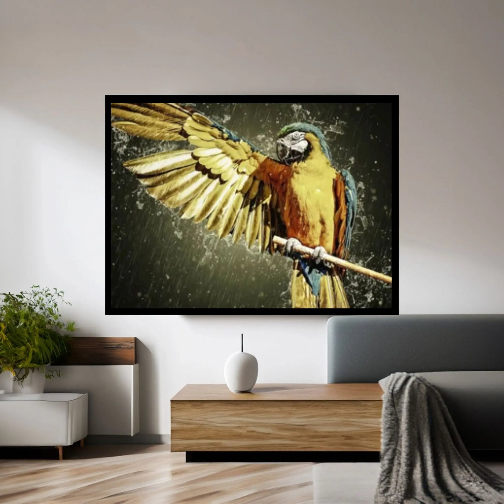 Yellow Colored Parrot Getting Wet in the Rain Canvas Wall Art, Animal Kingdom Poster - Y Canvas