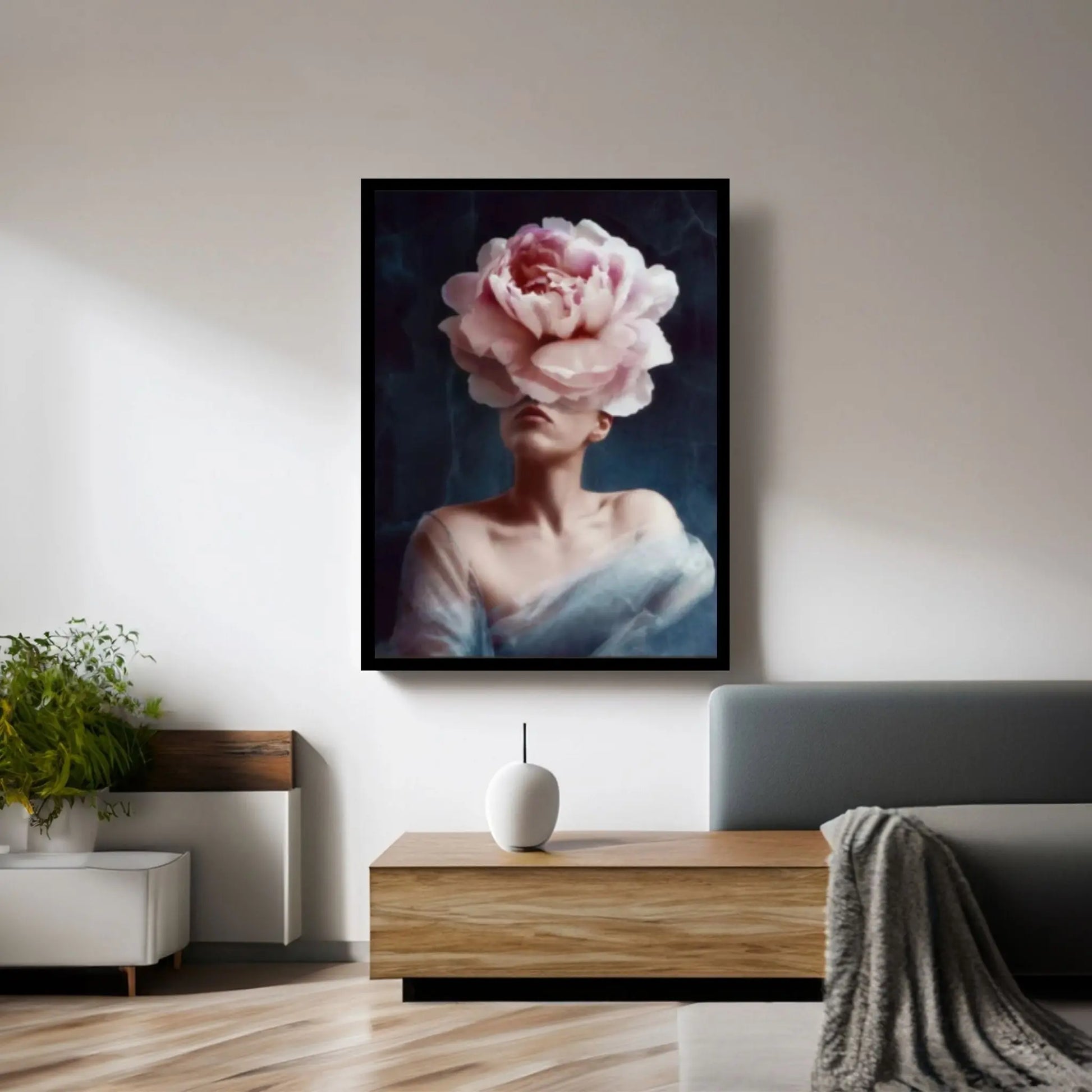 Dazzling Beauty: Woman Canvas with Pink Flower Head - Y Canvas