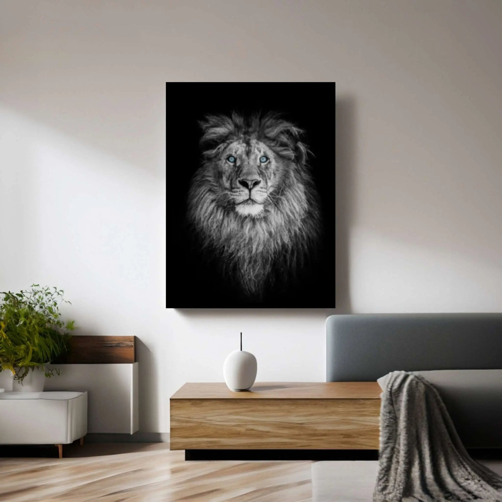 African Lion Canvas Wall Art, Lion wall art, black and white blue eyes lion Canvas Print - Y Canvas