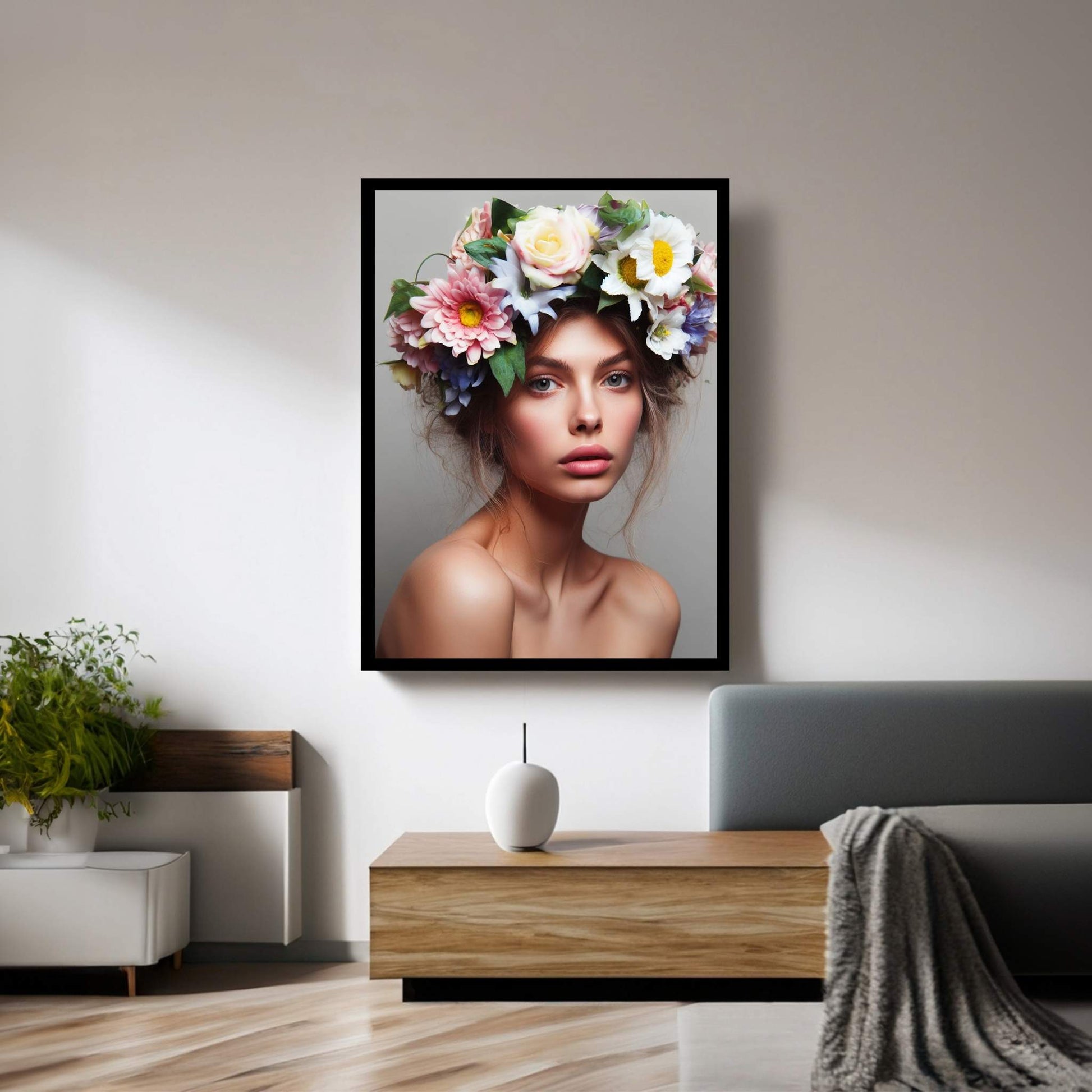 Woman Portrait Flower Head Canvas Wall Art - Y Canvas