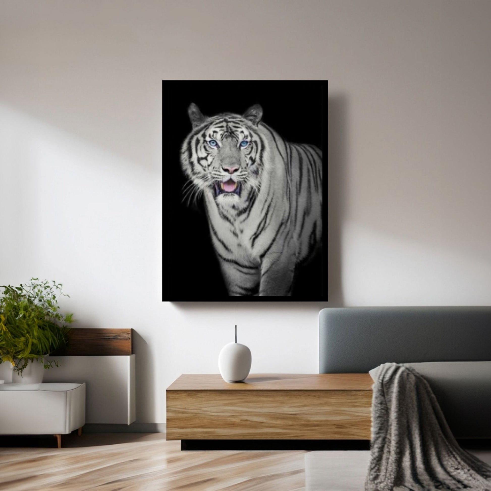 African Lion Canvas Wall Art, Black and white blue eyes lion Canvas Print - Y Canvas