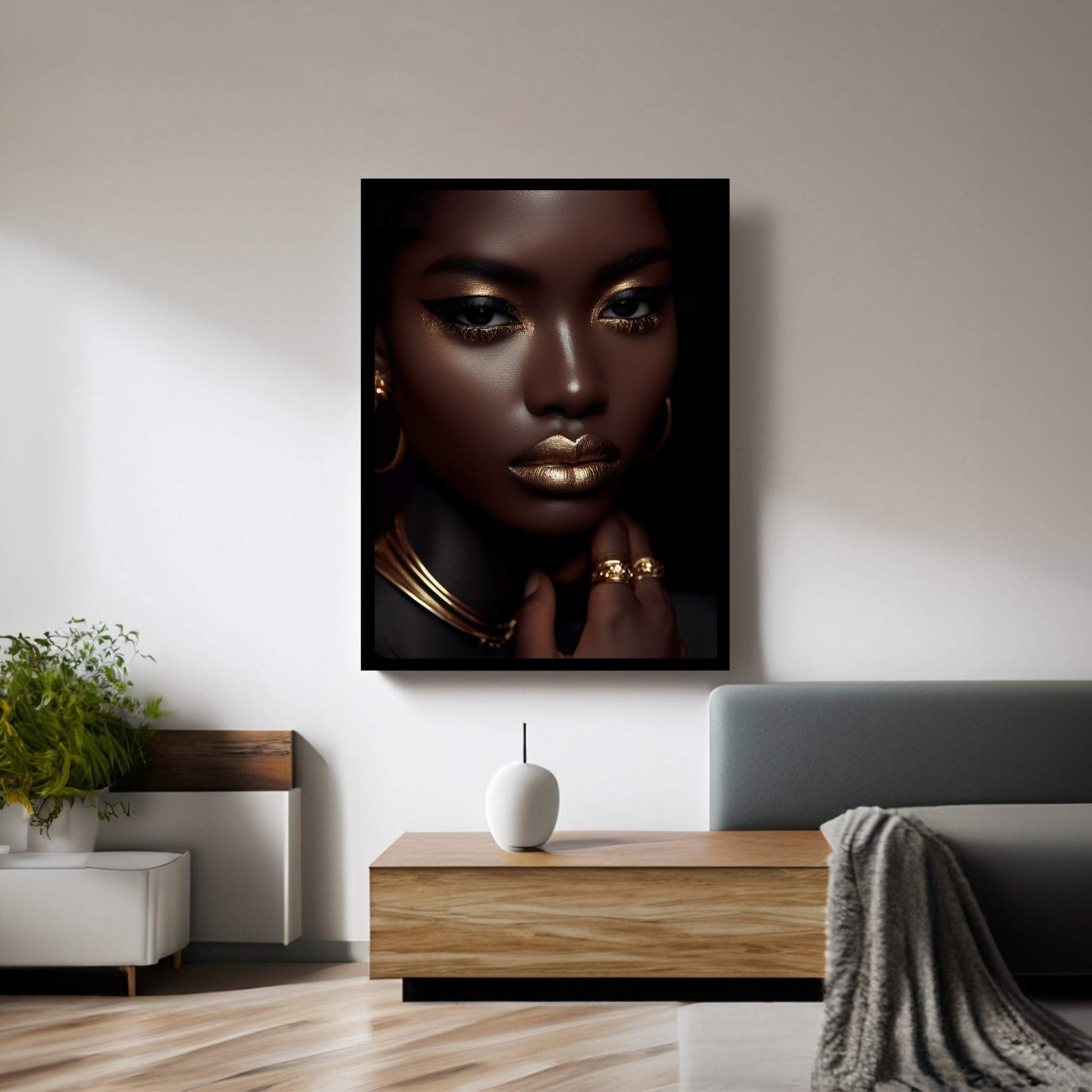 African Black Woman Gold Make-up Canvas Portrait Canvas Wall Art - Y Canvas