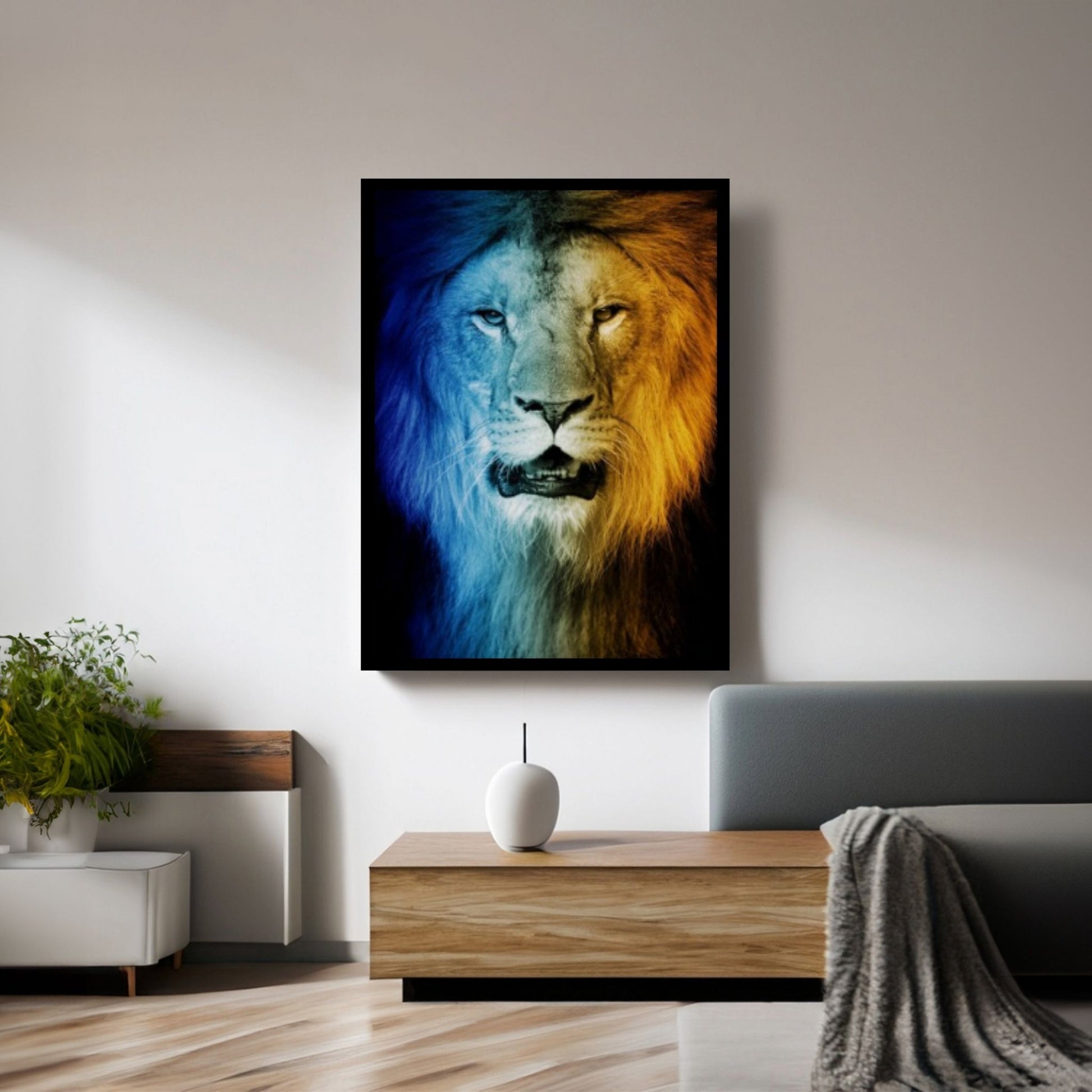 African Lion Canvas Wall Art, Black and white blue eyes lion Canvas Print - Y Canvas