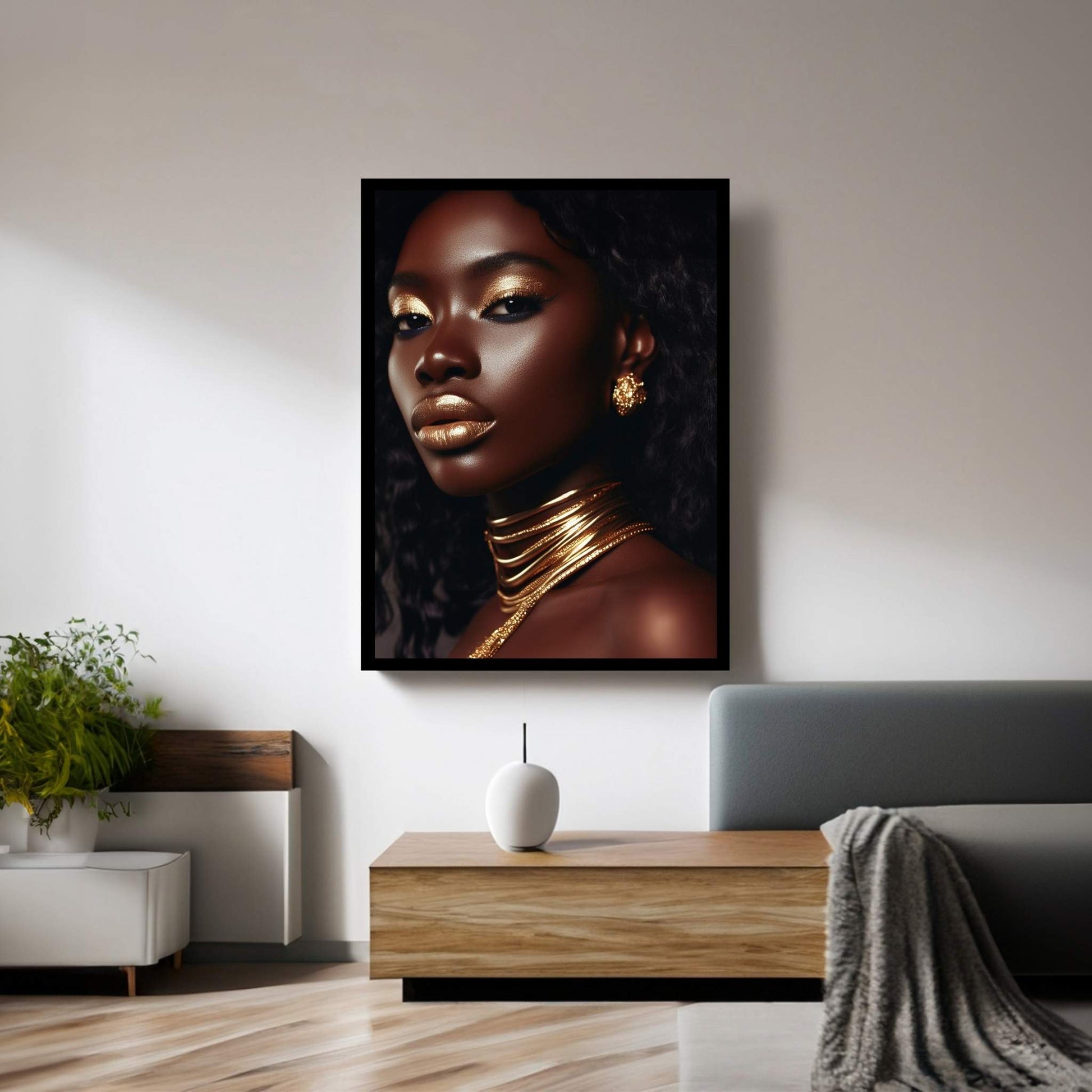 African Black Woman Gold Make-up Canvas Portrait Canvas Wall Art - Y Canvas