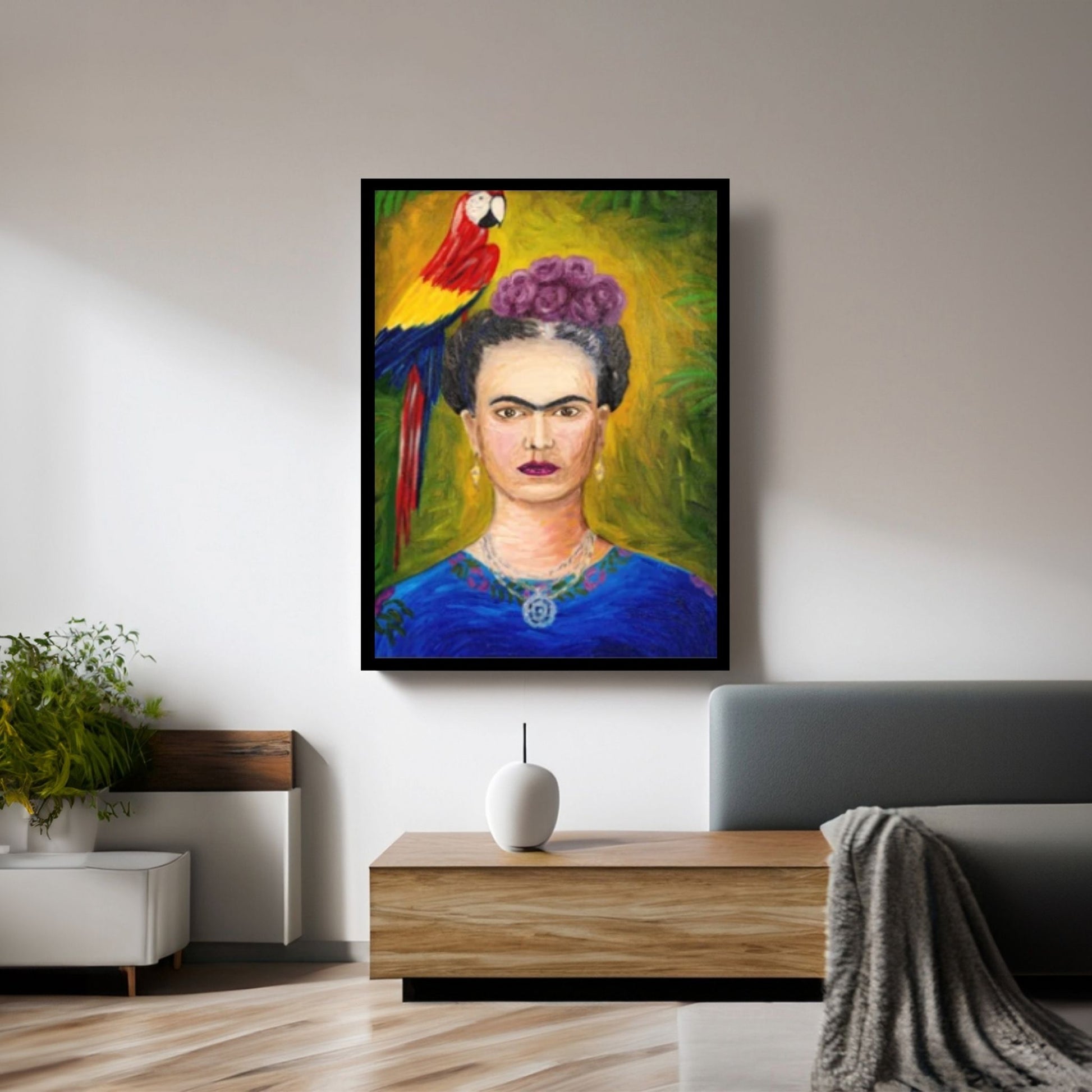 Frida Kahlo Art Canvas Wall Art, Holding a Cup of Tea & Cigarette Decoration - Y Canvas