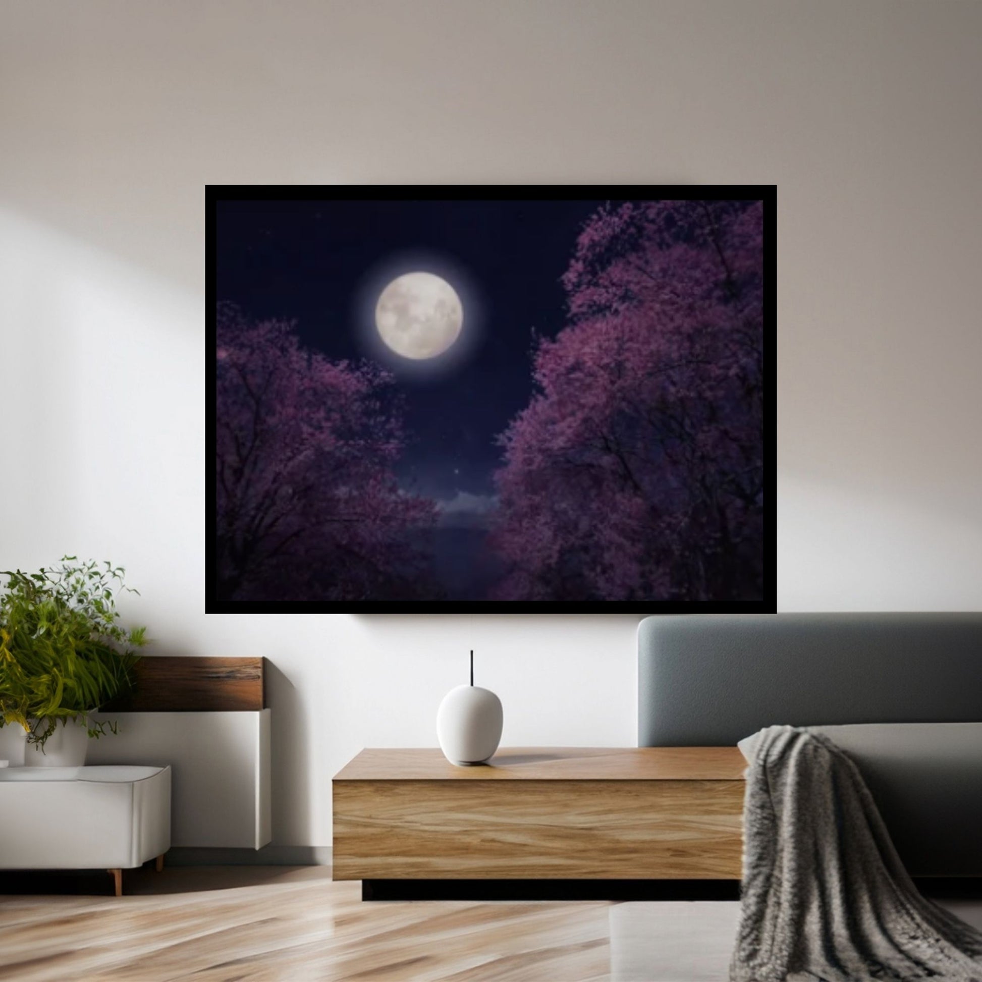 Moon over the Sea, Cherry Tree Blossoms Painting Print on Canvas - Y Canvas