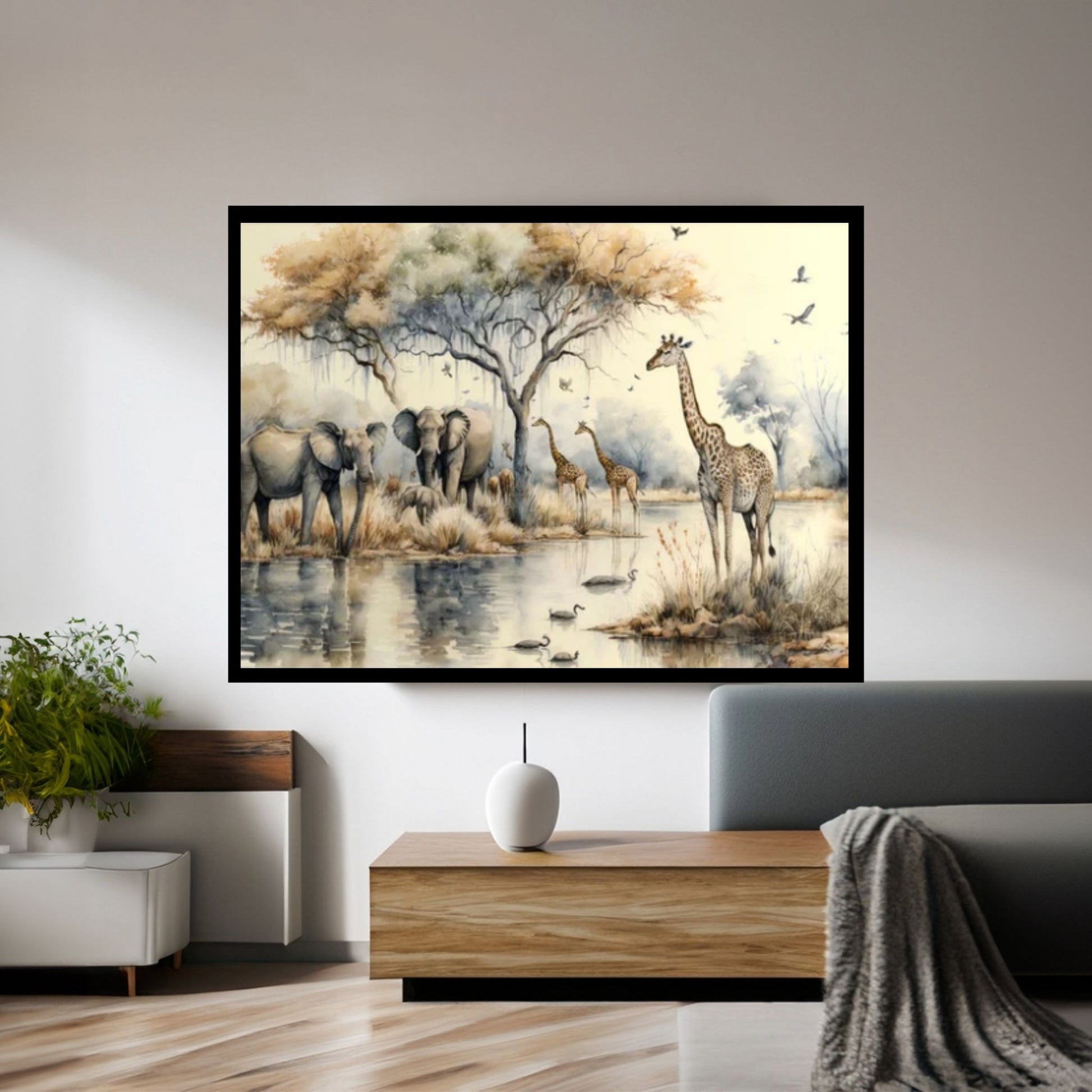 African Safari Tropical Jungle with trees , giraffes, elephants and birds Canvas Wall Art - Y Canvas