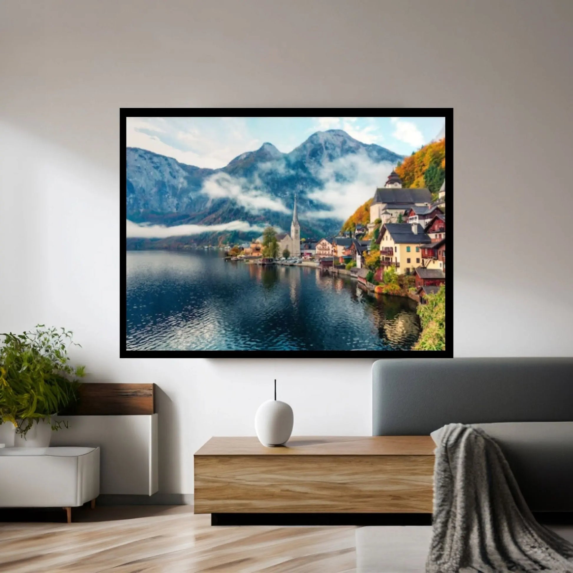 Austria Landscape Canvas Wall Art Misty autumn scene of Hallstatt Lake, Austria's mountainous Salzkammergut - Y Canvas