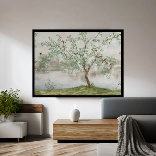 Japanese Landscape Painting of Pine Trees Canvas Wall Art,Distant Mountains,Cloud and Sunrise.Japanese Painting - Y Canvas