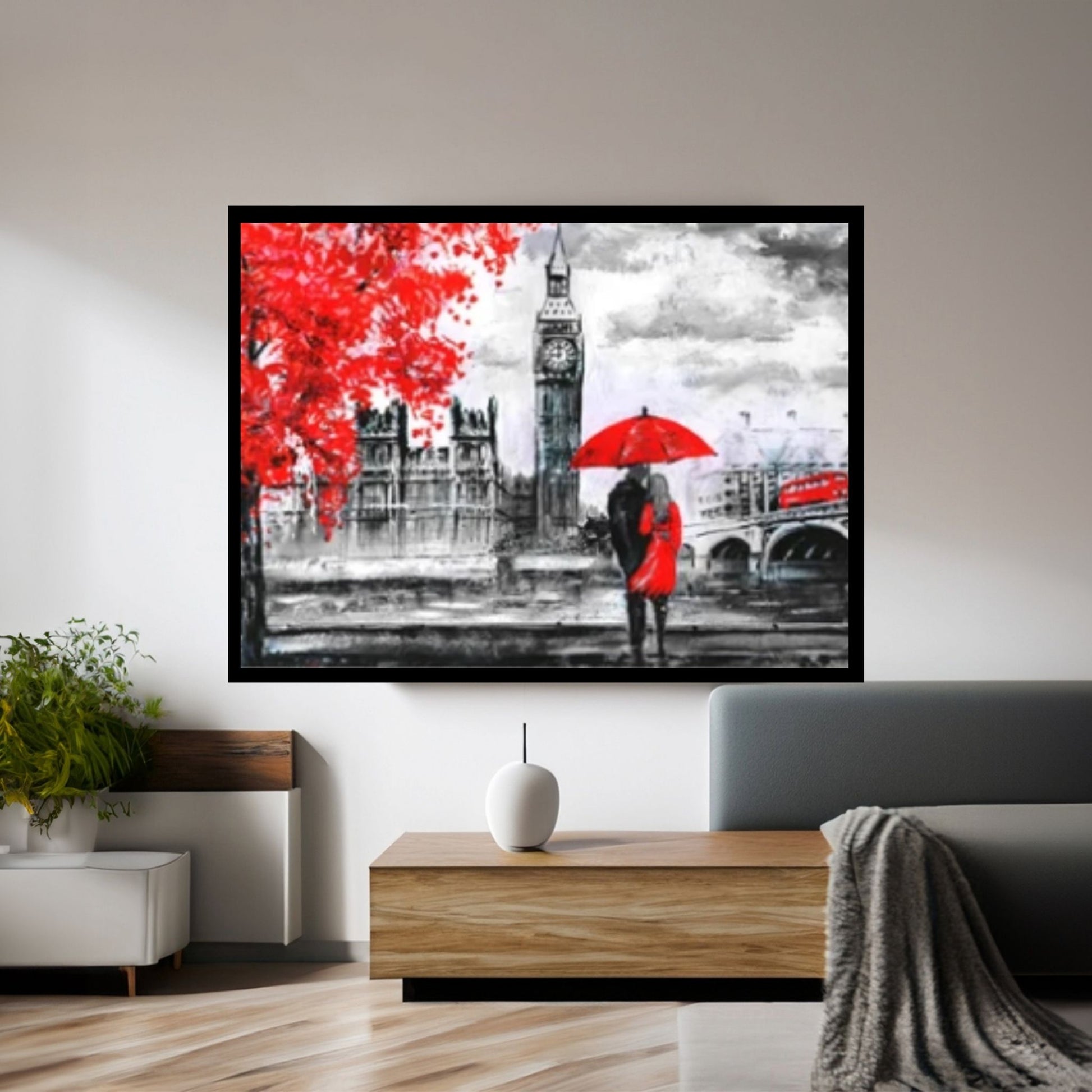 England Bridge illustration Man and woman under red umbrella photo, London street Oil painting - Y Canvas