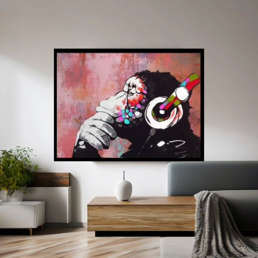 Monkey Headphones Canvas Wall Art, Thinking Monkey DJ, Banksy Monkey - Y Canvas