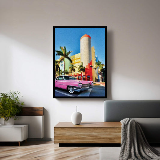 Pink Cadillac Miami Art District II Canvas Wall Art - Y Canvas