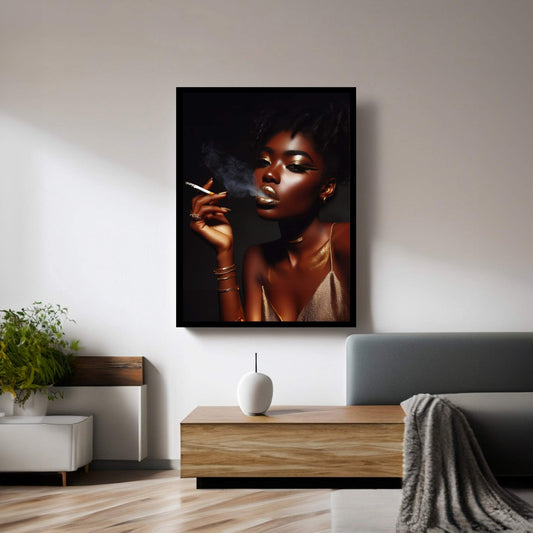 African Black Woman Gold Make-up Smoke Canvas Portrait Canvas Wall Art - Y Canvas