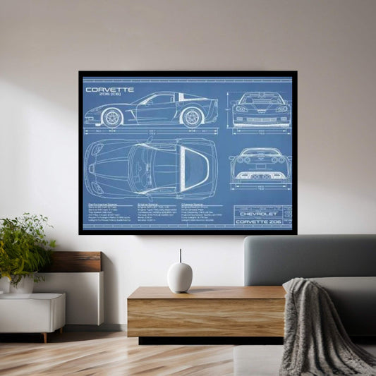 Corvette (C6) Z06 Blueprint Canvas Wall Art - Y Canvas