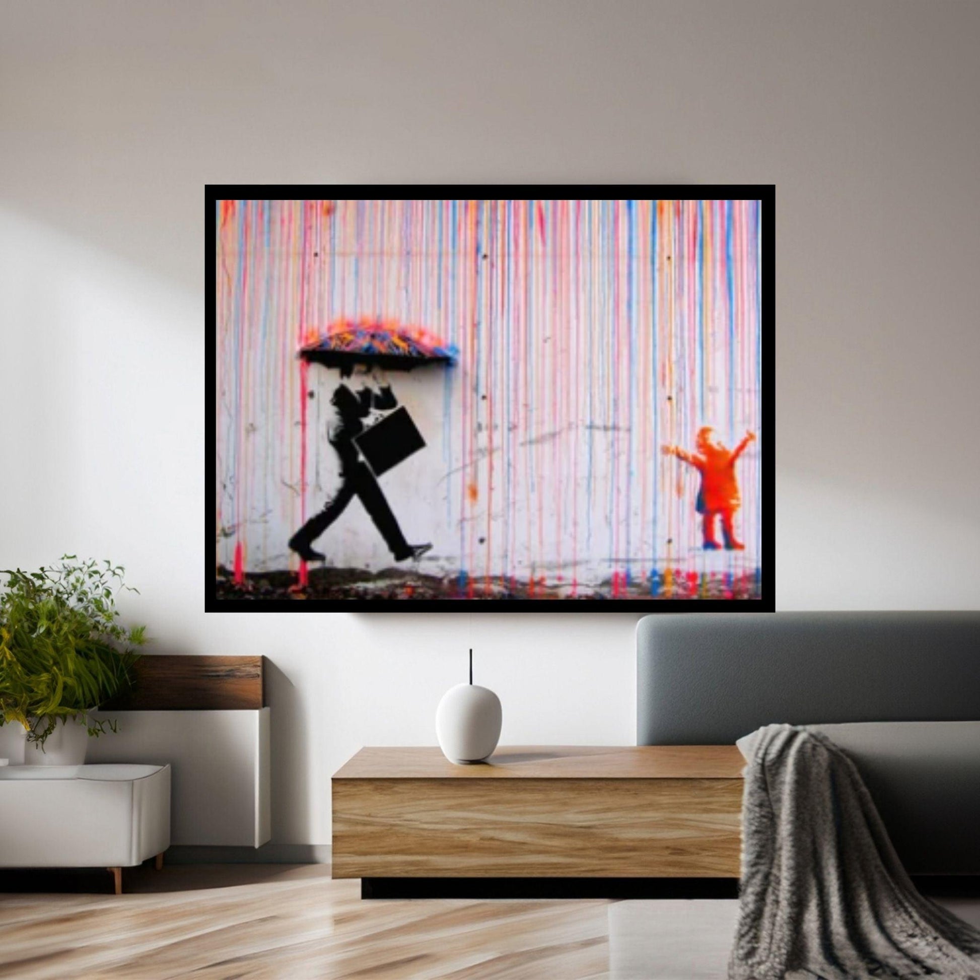 Banksy Rainbow Rain Canvas Wall Art Poster Print, Banksy Rainbow Rain, Coloured Rain Wall Art - Y Canvas