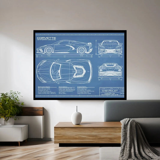 Corvette (C8) Stingray Blueprint Canvas Wall Art - Y Canvas