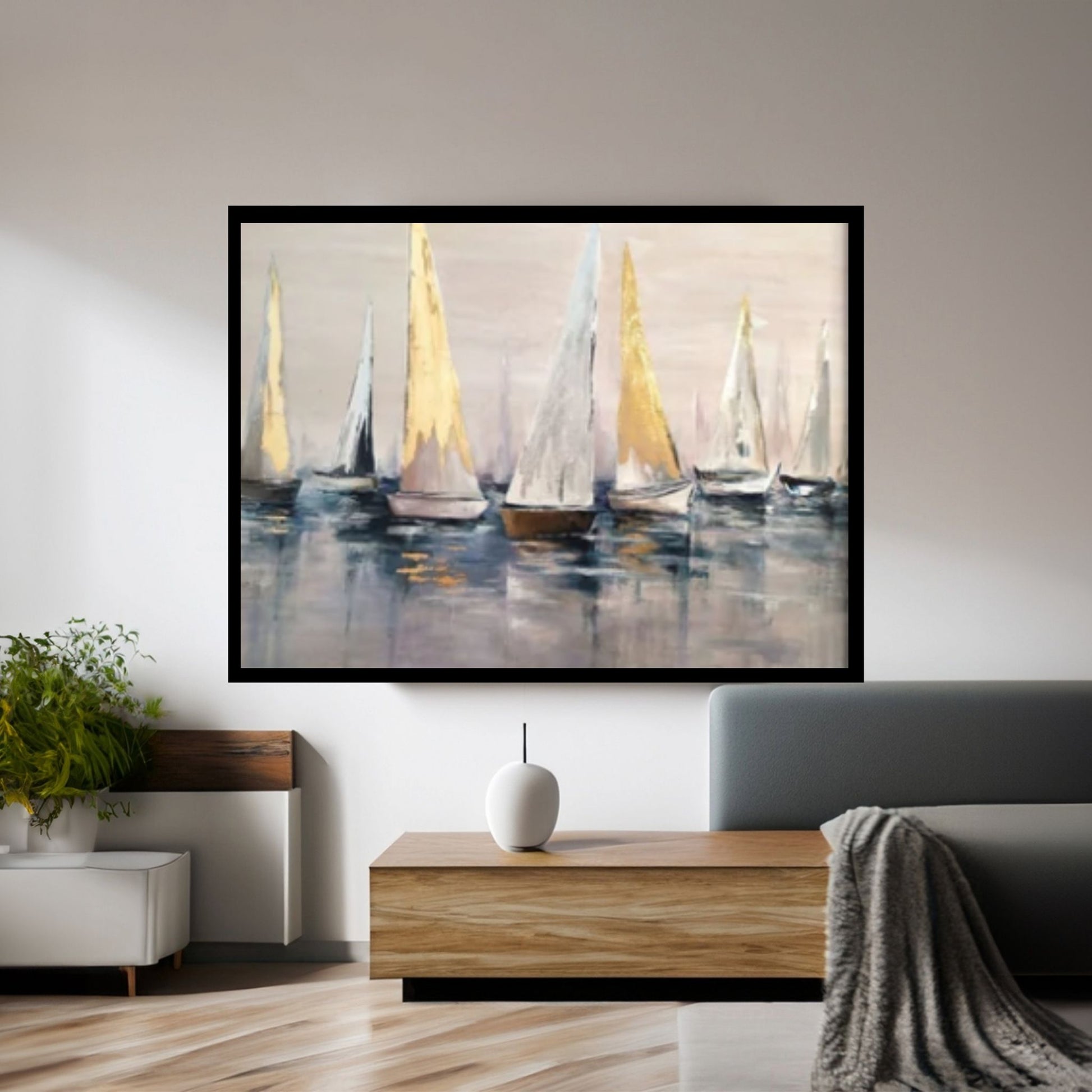 Original Sailboats Gather in The Harbor Landscape To Canvas Wall Art ,Nautical oil painting art on Canvas, Large Sailboat abstract painting - Y Canvas