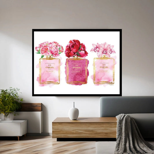 Three Perfume Bottles In Pink Canvas Wall Art - Y Canvas