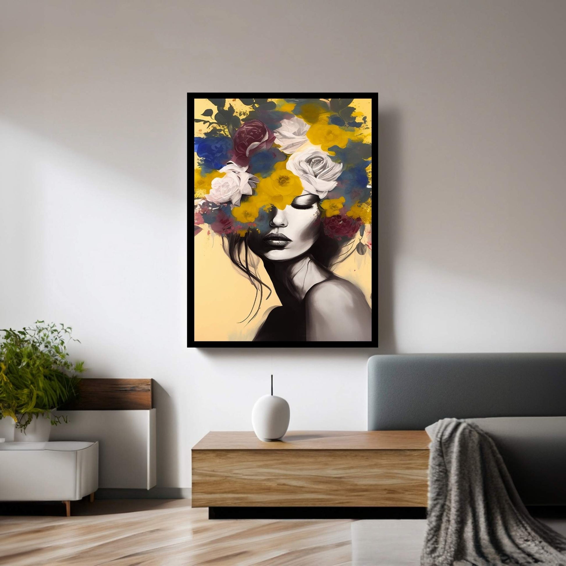 Woman Portrait Flower Head Canvas Wall Art - Y Canvas