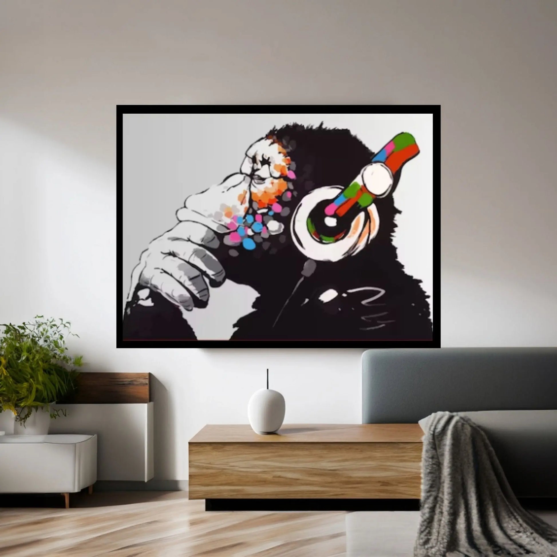 Monkey Headphones Canvas Wall Art, Thinking Monkey DJ, Banksy Monkey - Y Canvas