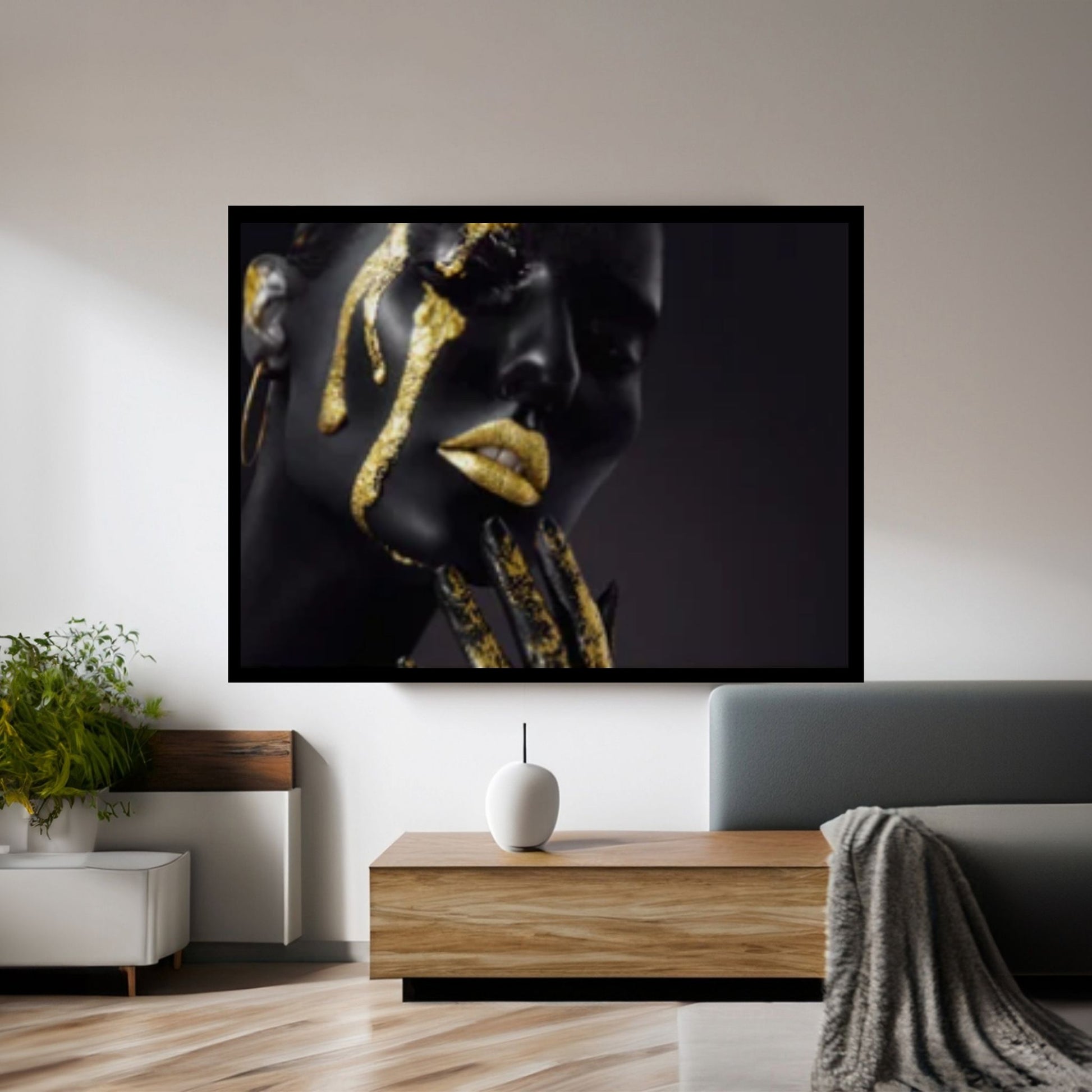 African Art Wall Decor, African Woman Makeup Wall Art, Abstract Canvas Art, Modern Gold Lips Wall Art - Y Canvas